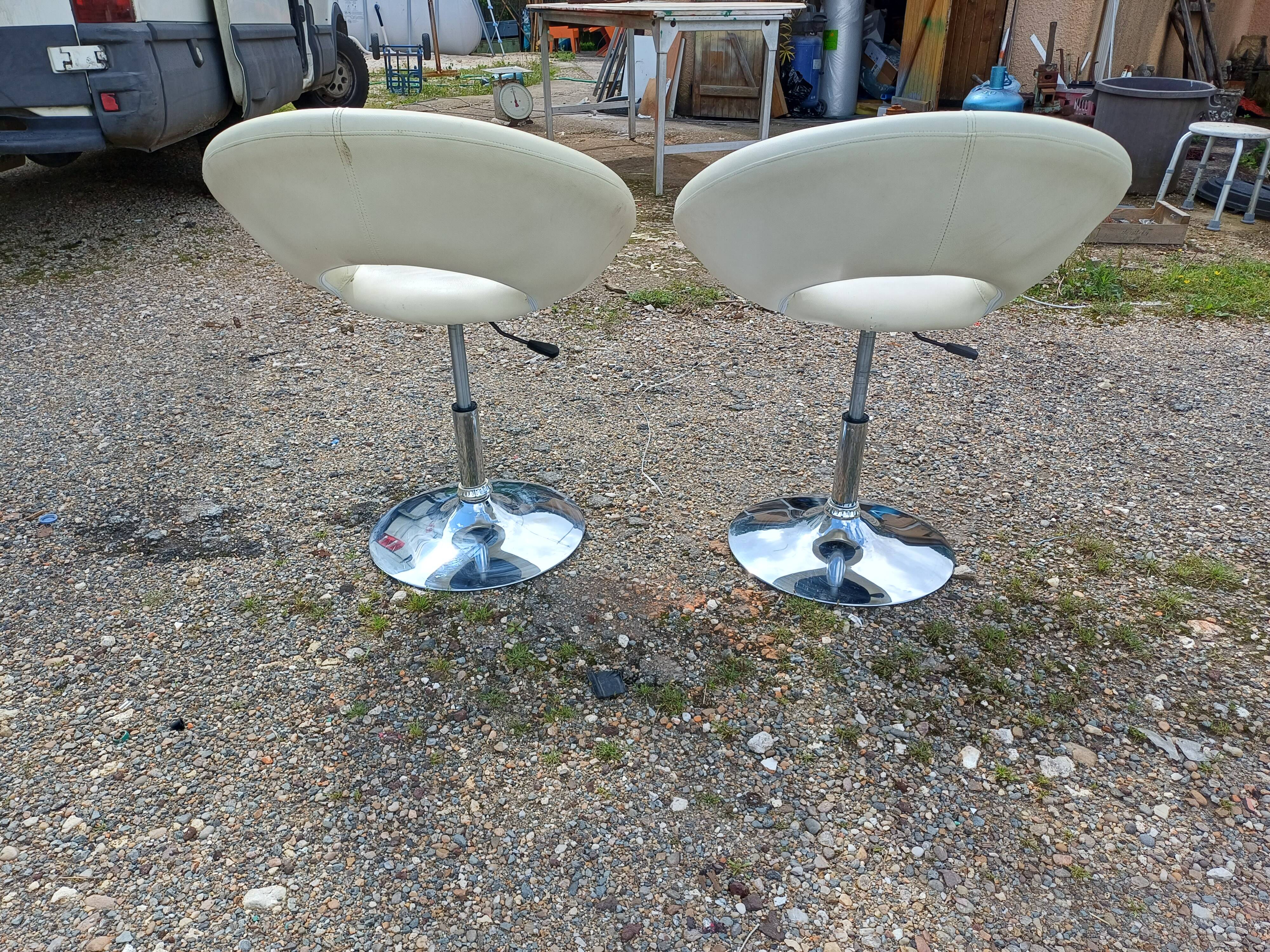 Pair of Vintage Chrome and Light Beige Skai Armchairs