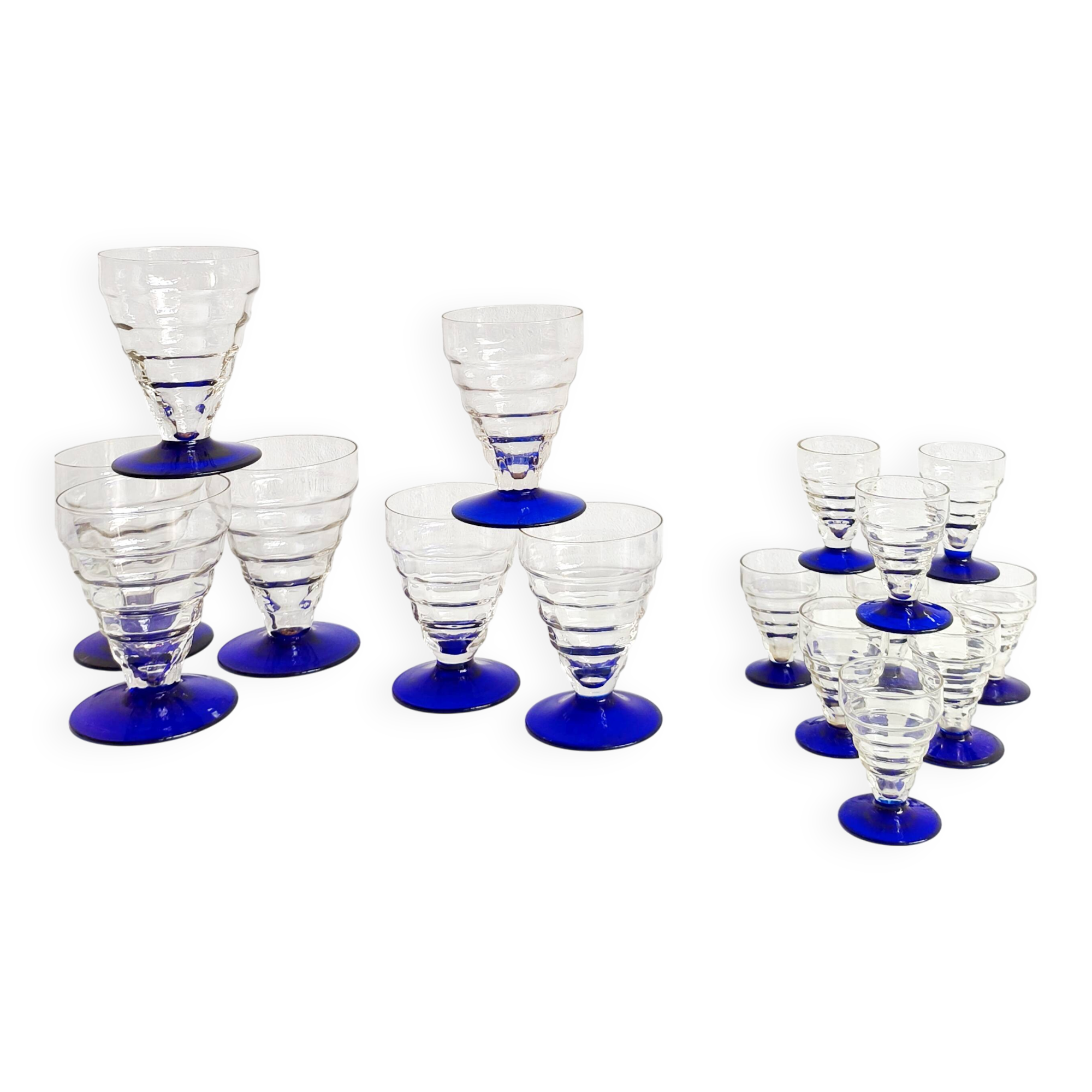 Set of 16 antique Art Deco cobalt blue stemmed glasses