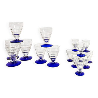 Set of 16 antique Art Deco cobalt blue stemmed glasses