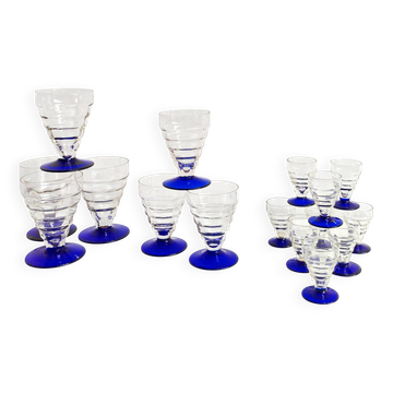 Set of 16 antique glasses with cobalt blue stems, Art Deco.