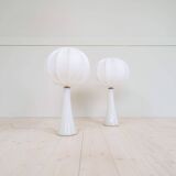 Pair of mid-century opaline glass table lamps with cotton shades by Bergboms, Sweden, 1960.
