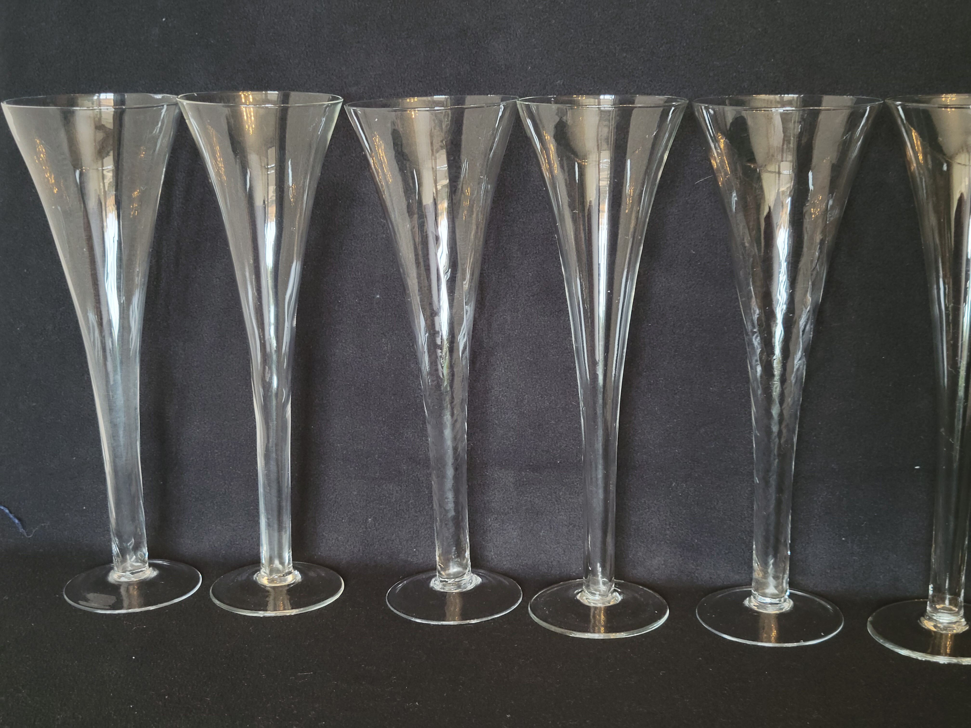 8 old champagne flutes evased blown glass model impossible