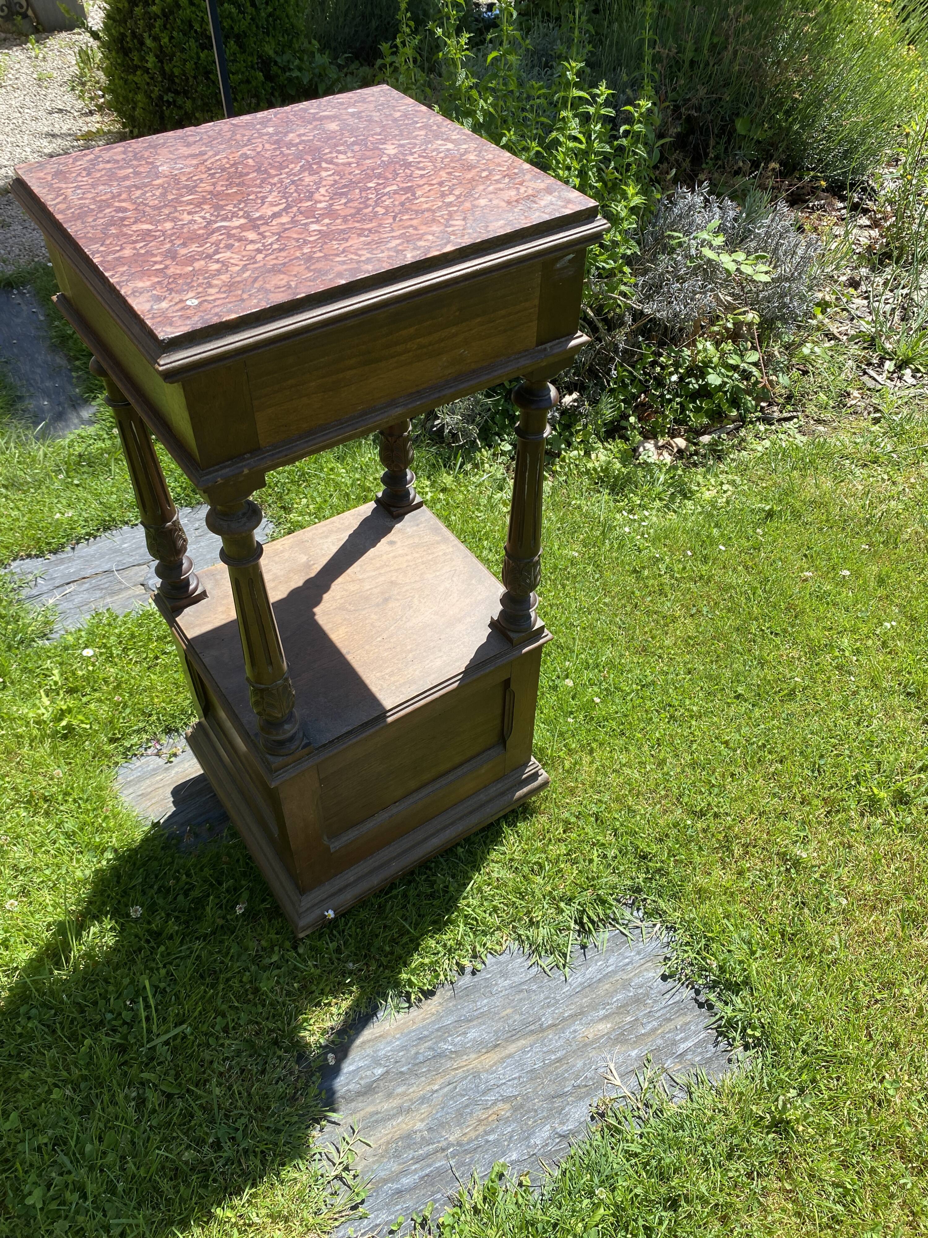 19th century wooden and pink marble bedside table, Henri II style
