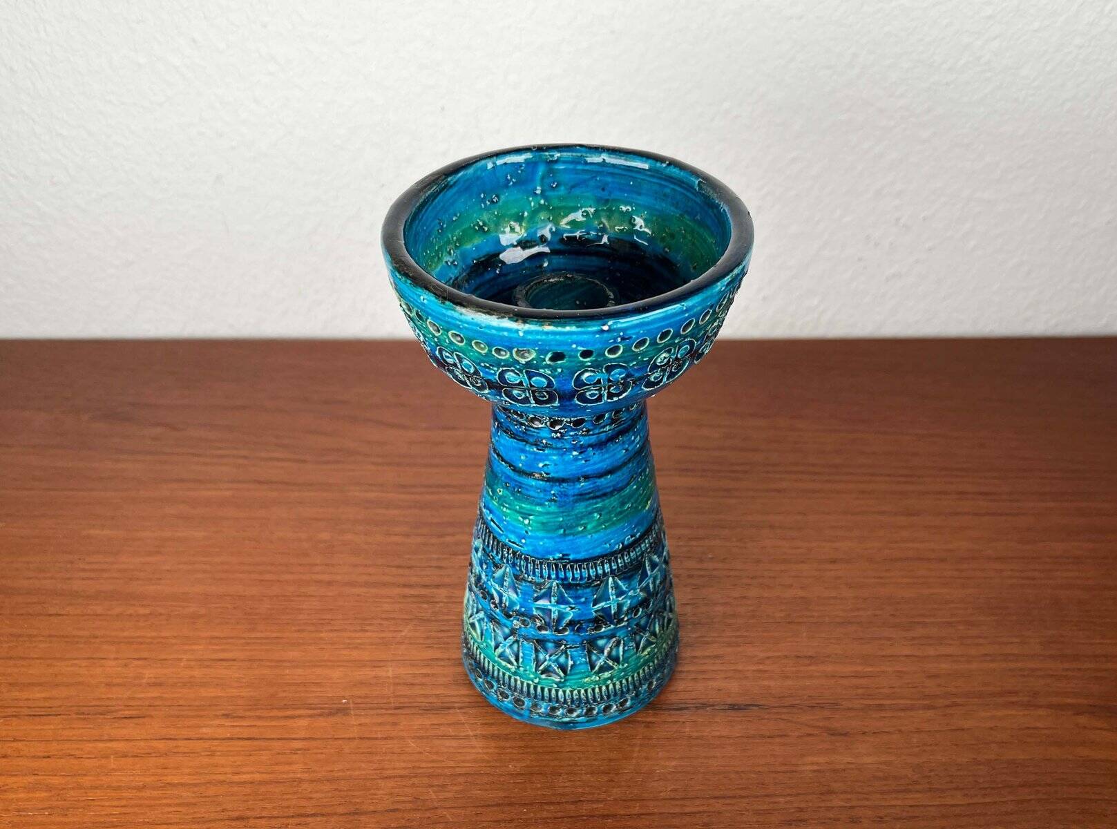 Bougeoir en céramique bleu Rimini moderne du milieu du siècle par Aldo Londi pour Bitossi, Italie, années 1960