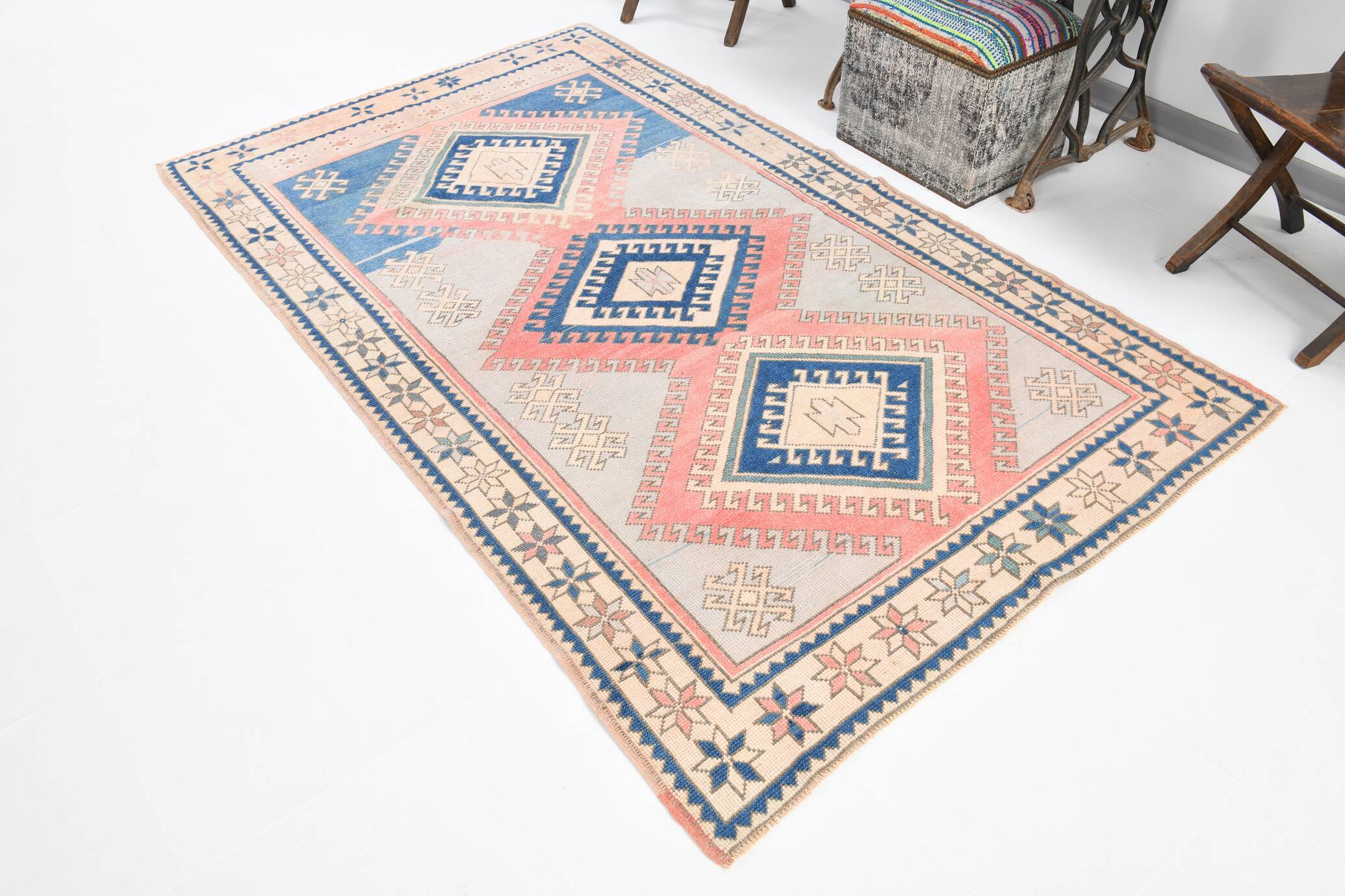 4x8 Salmon & Blue Handmade Wool Oushak Rug, 141x230Cm SK 20160