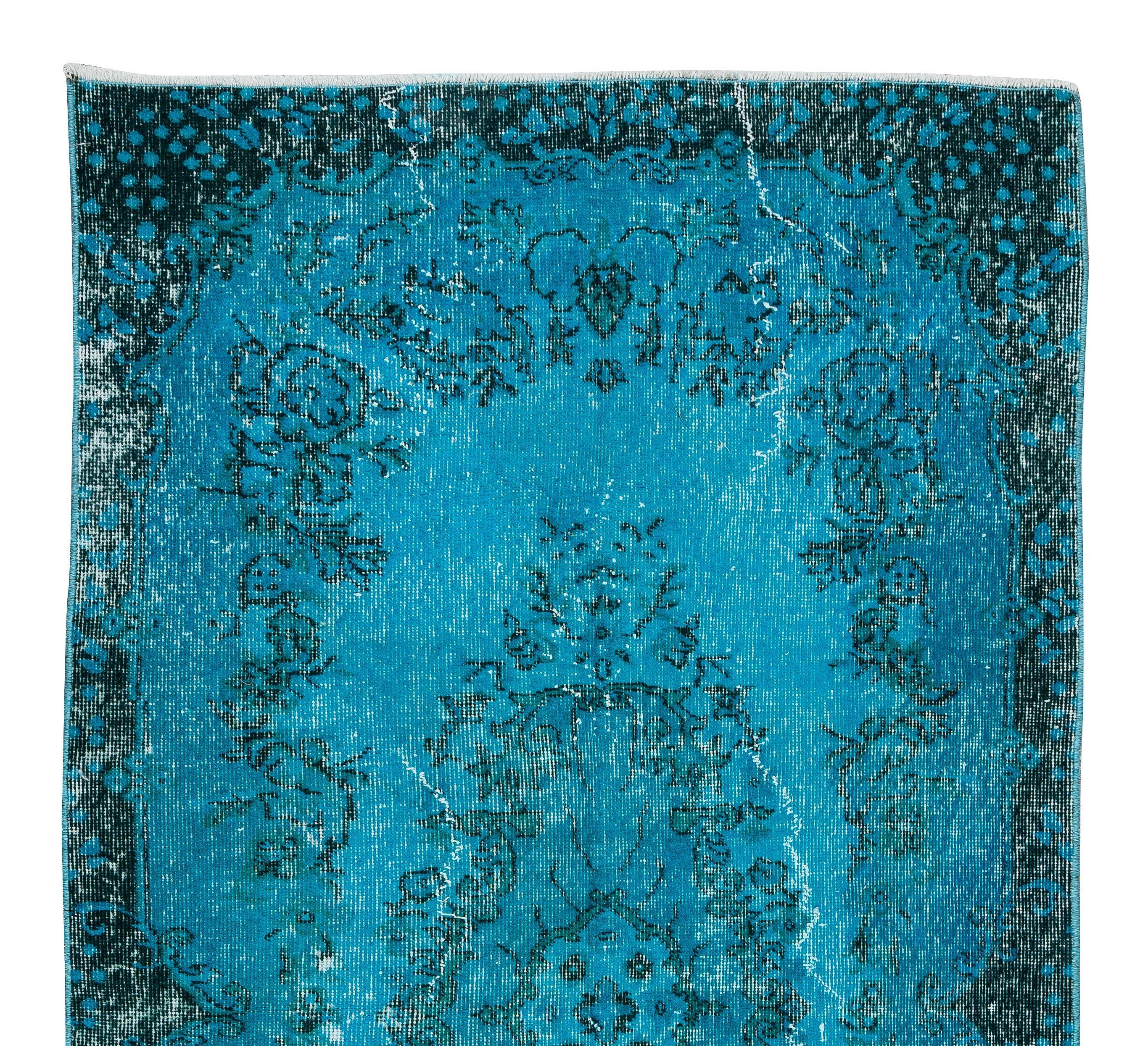 3.7x6.9 ft handmade vintage turkish rug redyed in teal, ideal 4 modern interiors