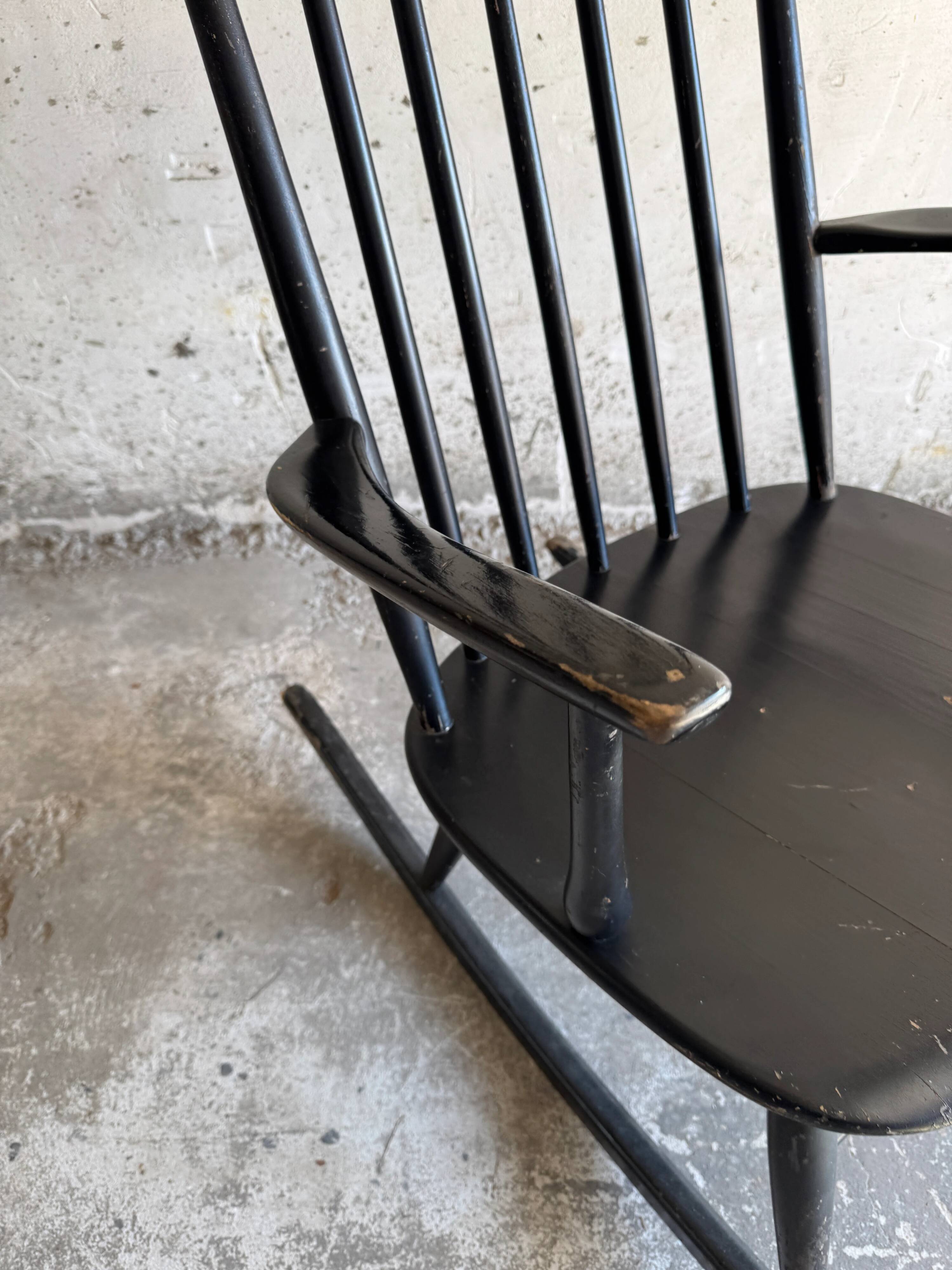 Black solid wood Scandinavian Windsor rocking chair — tall spindle back, mid-20th century