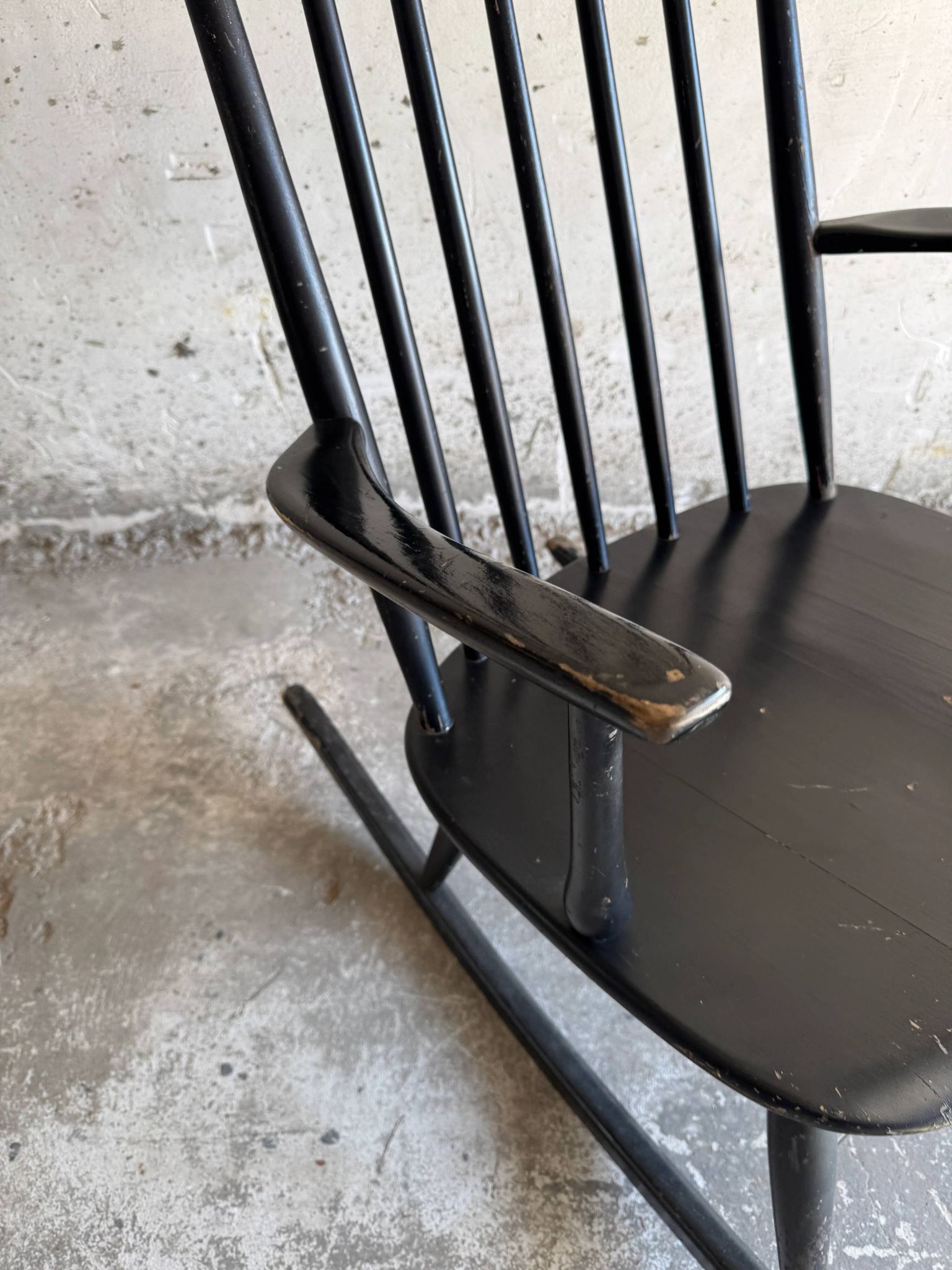 Black solid wood Scandinavian Windsor rocking chair — tall spindle back, mid-20th century