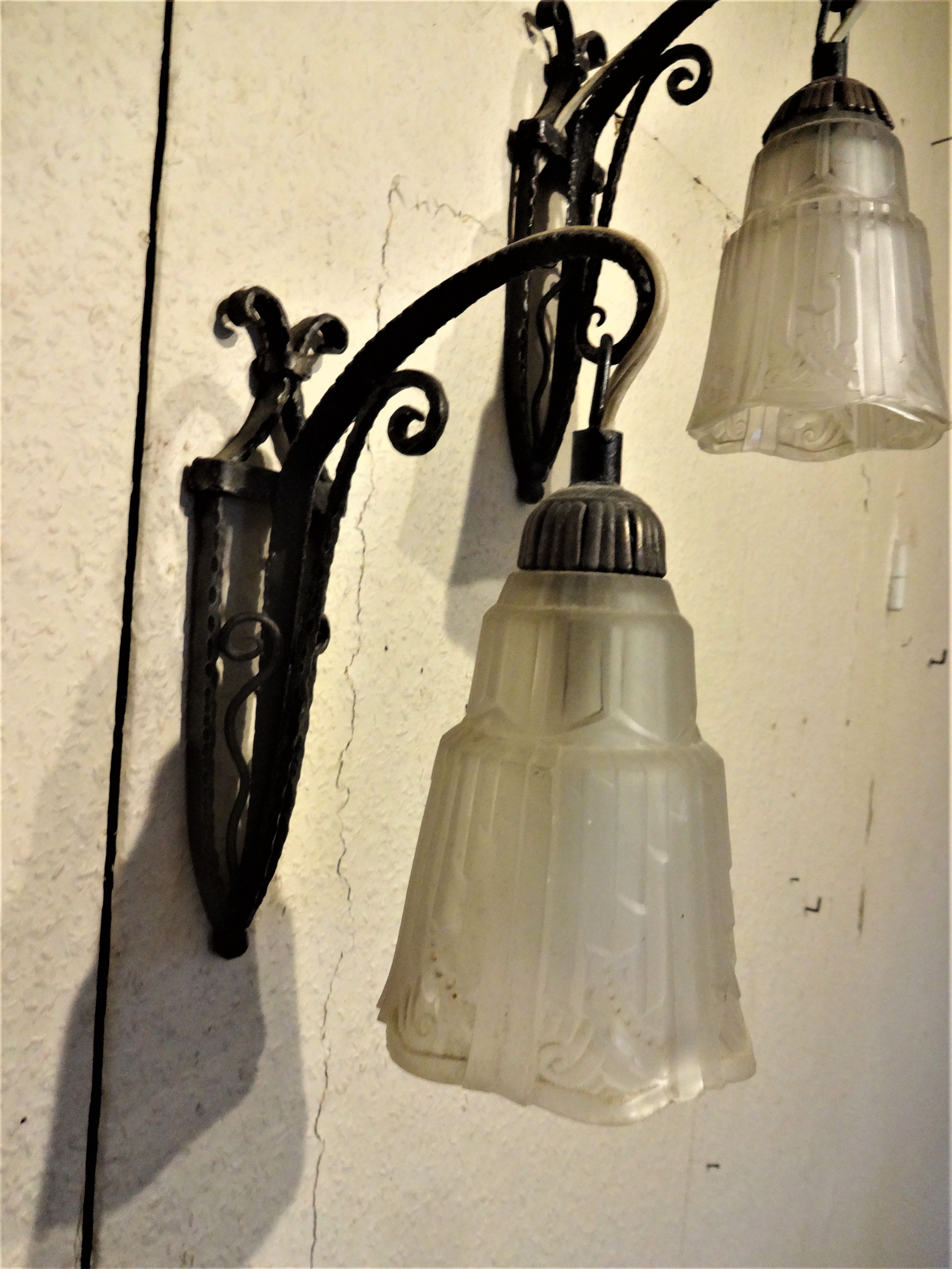 Pair of wall light era Art deco wrought iron & glass Maynadier