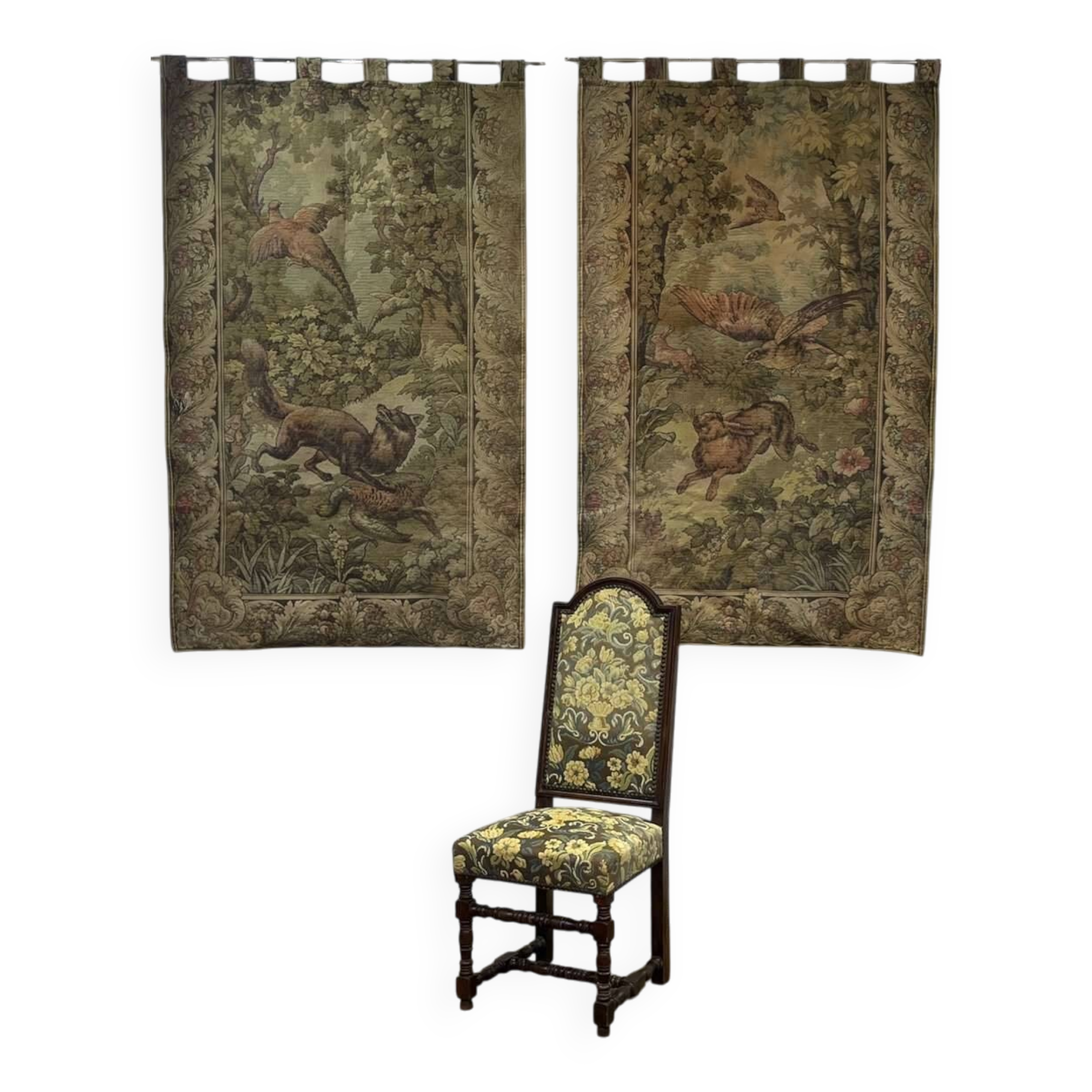 Pair of 20th century wall tapestries with animal decor