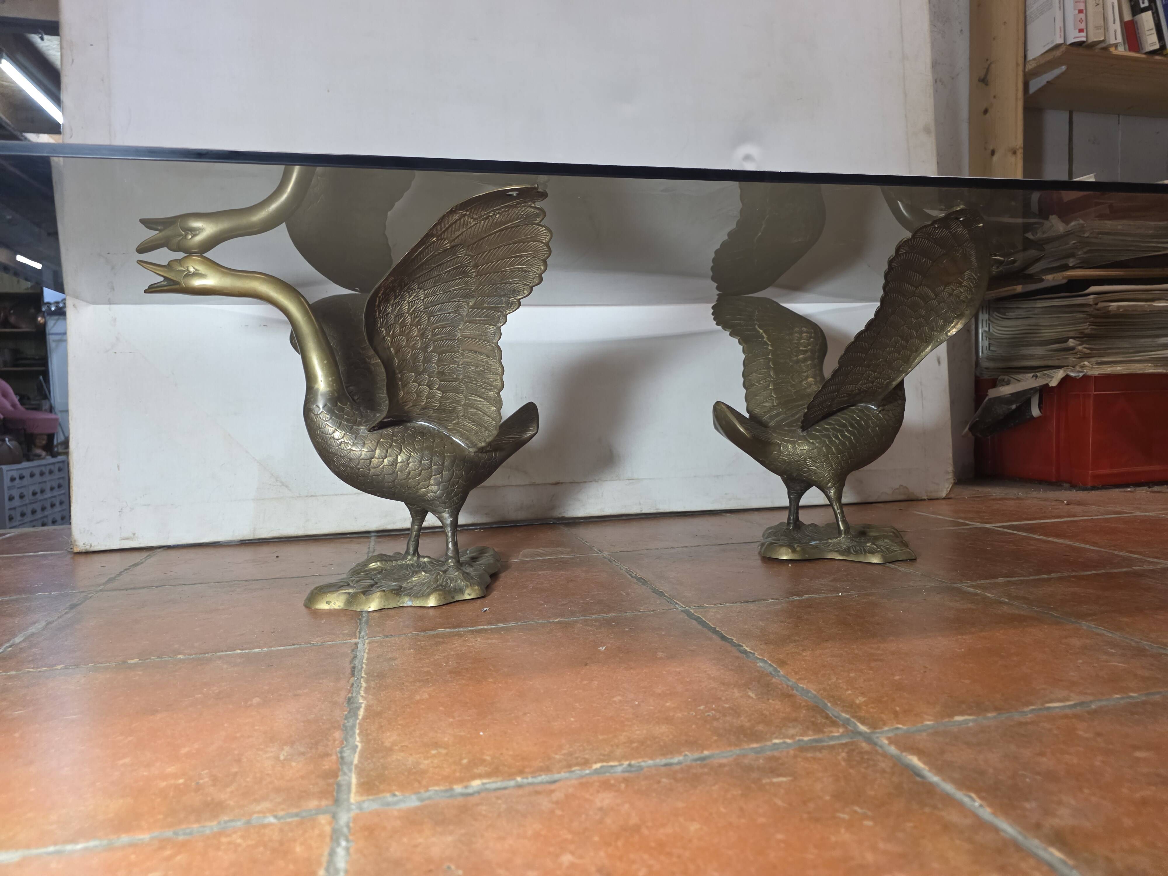 Vintage brass goose coffee table with smoked glass, 1970s.