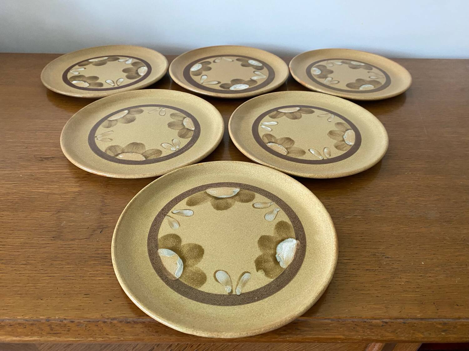 Set of 6 old sarreguemines plates beige ceramic flower decor