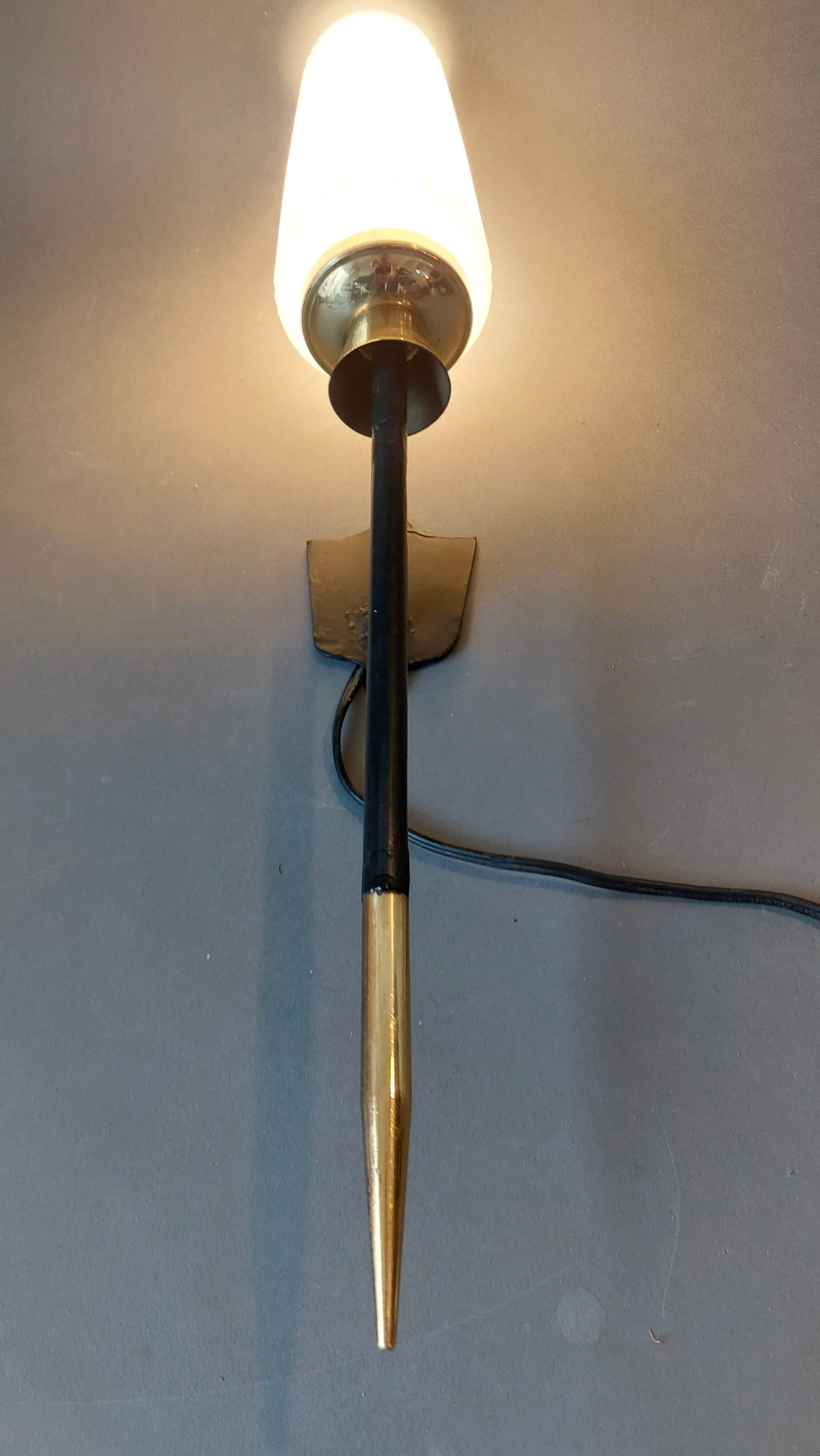 Large 1960 torchiere wall light in black metal, gilded brass and vintage white opaline.