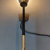 Large 1960 torchiere wall light in black metal, gilded brass and vintage white opaline.