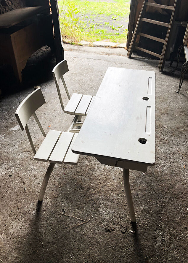 Former double school desk in white painted wood