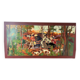 Table Painting Wood Carving Hunting Scene Dog Signed 130x70