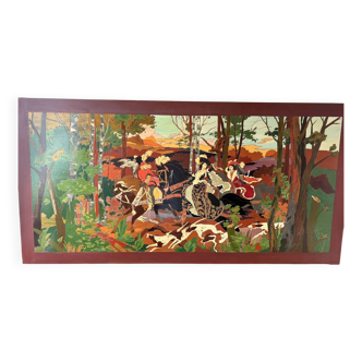 Table Painting Wood Carving Hunting Scene Dog Signed 130x70