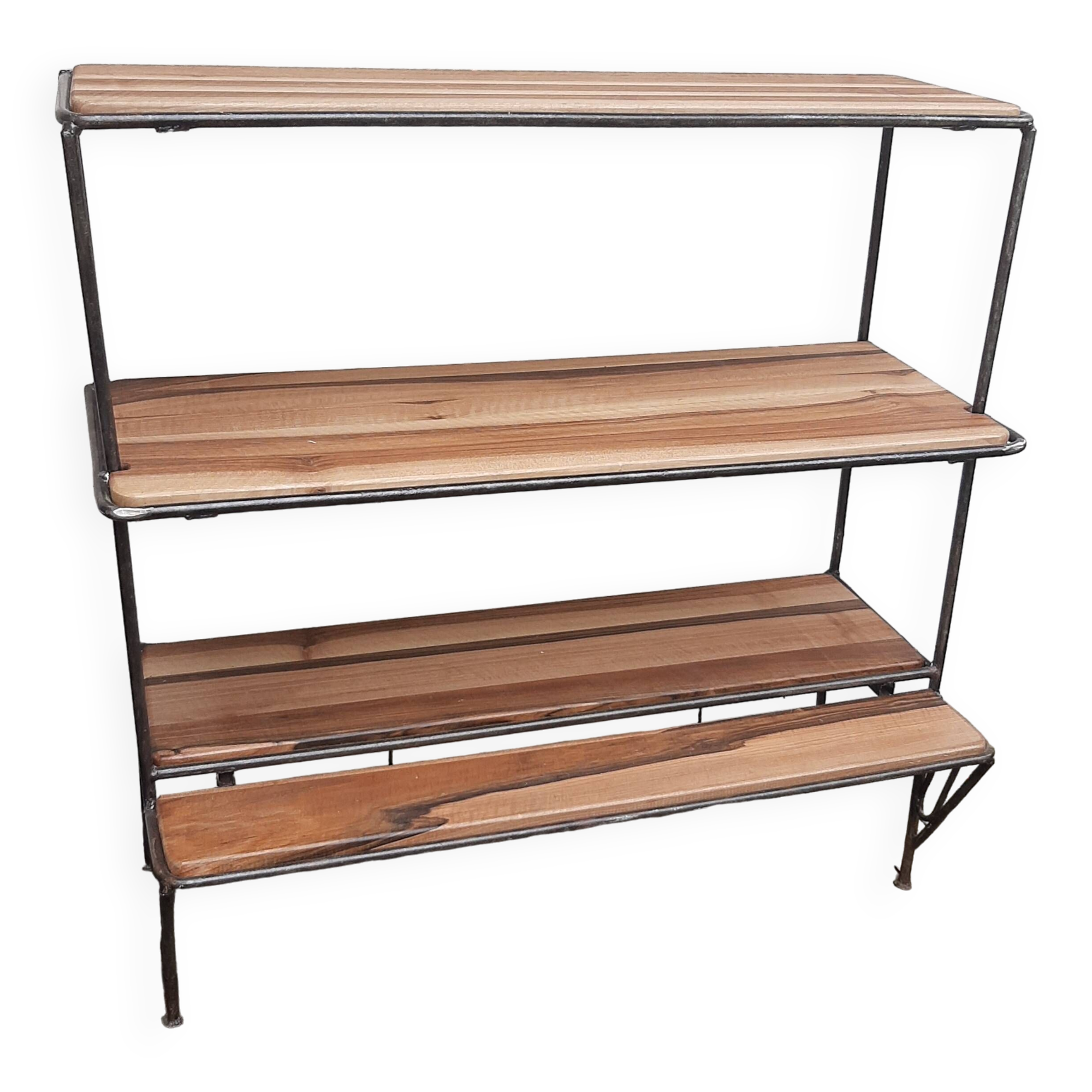 Wrought iron shelf, 3 walnut shelves