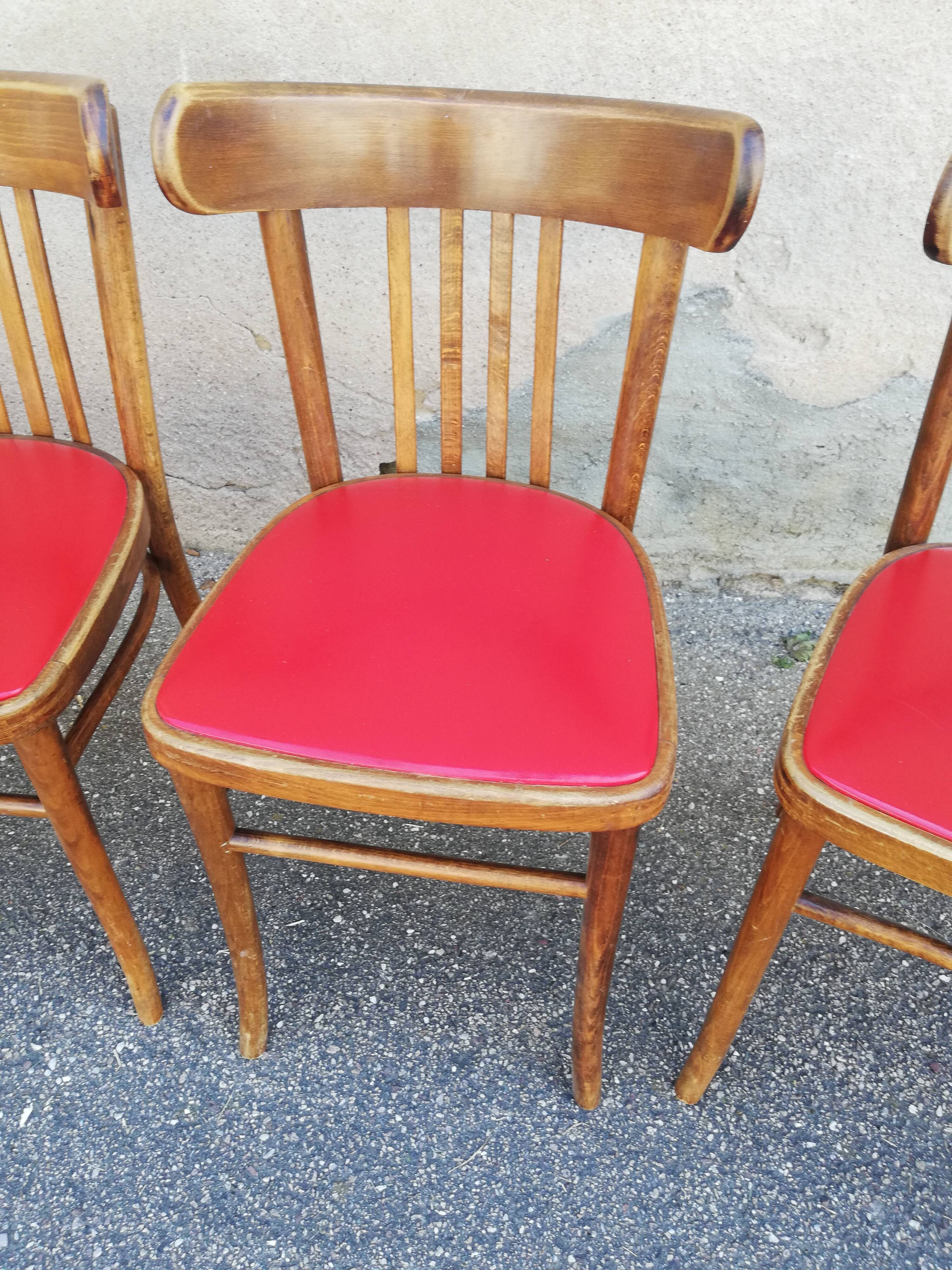 Set of 4 chairs bistro wood and red skai