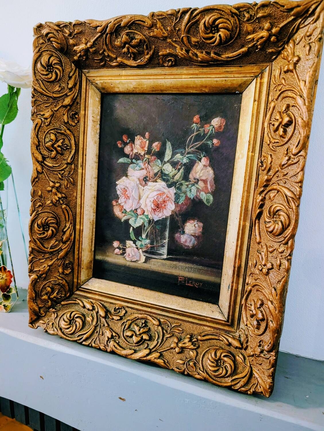 Oil painting on rosewood in a vase, early 20th century