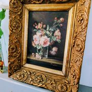 Tableau huile sur bois rose dans vase début XXeme