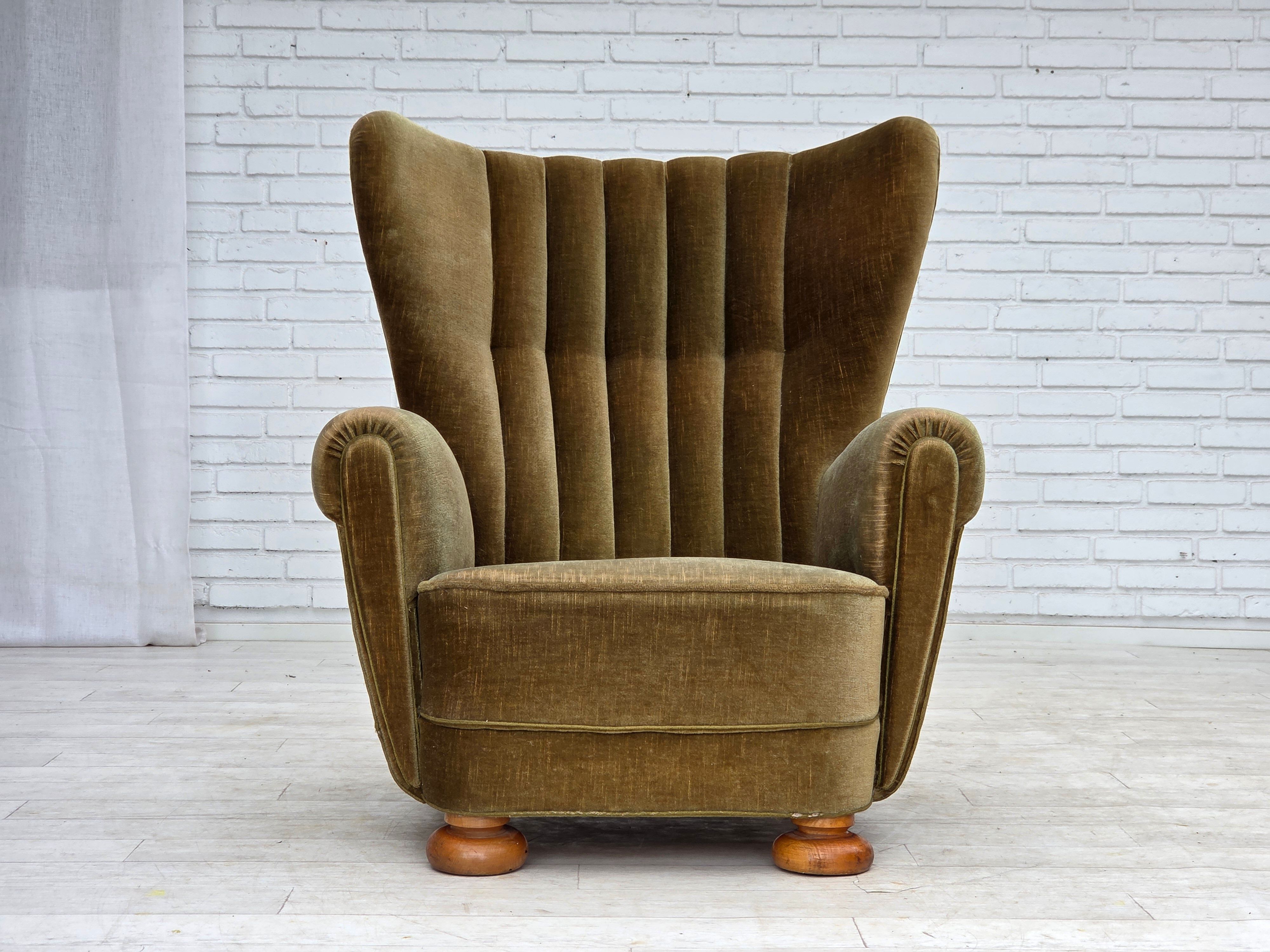 1960s, Danish highback relax armchair, green furniture velour.