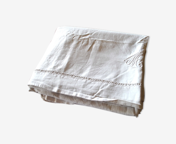 Draps ancien en coton brodé monogramme MN 240x220