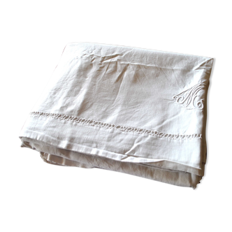 Draps ancien en coton brodé monogramme MN 240x220