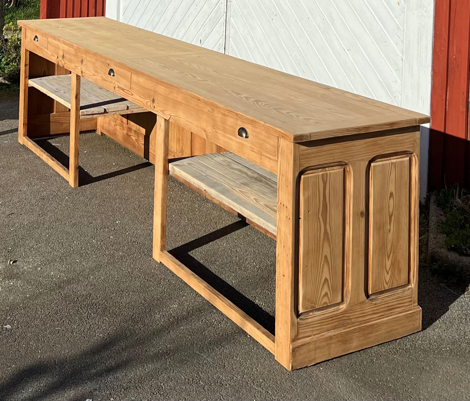 Large antique counter - solid raw wood tradesman's furniture
