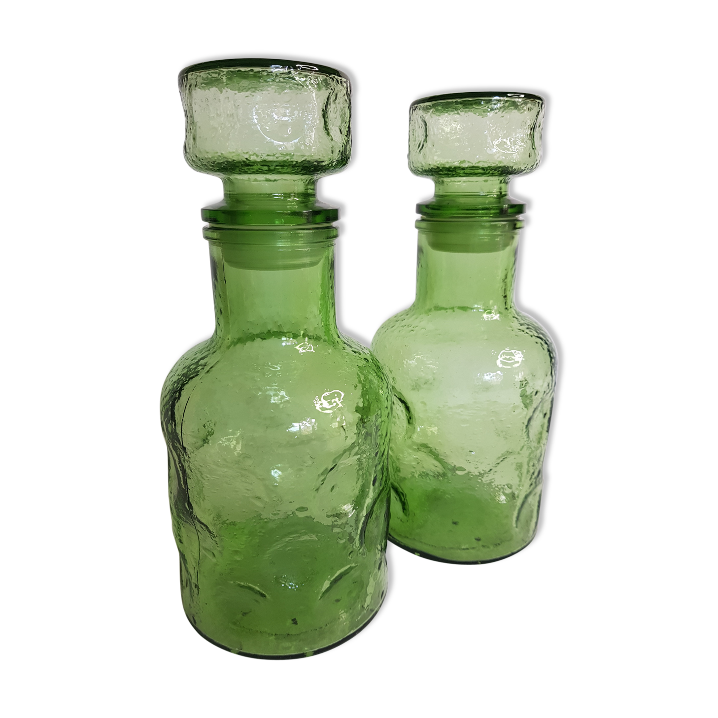 Pair of green moulded glass bottles 70s