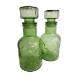 Pair of green moulded glass bottles 70s