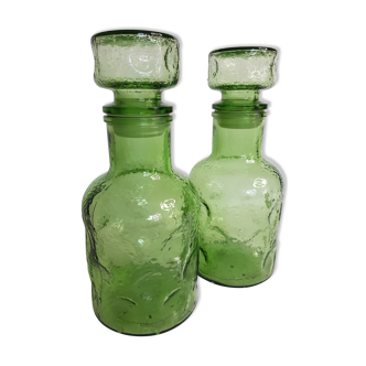 Pair of green moulded glass bottles 70s