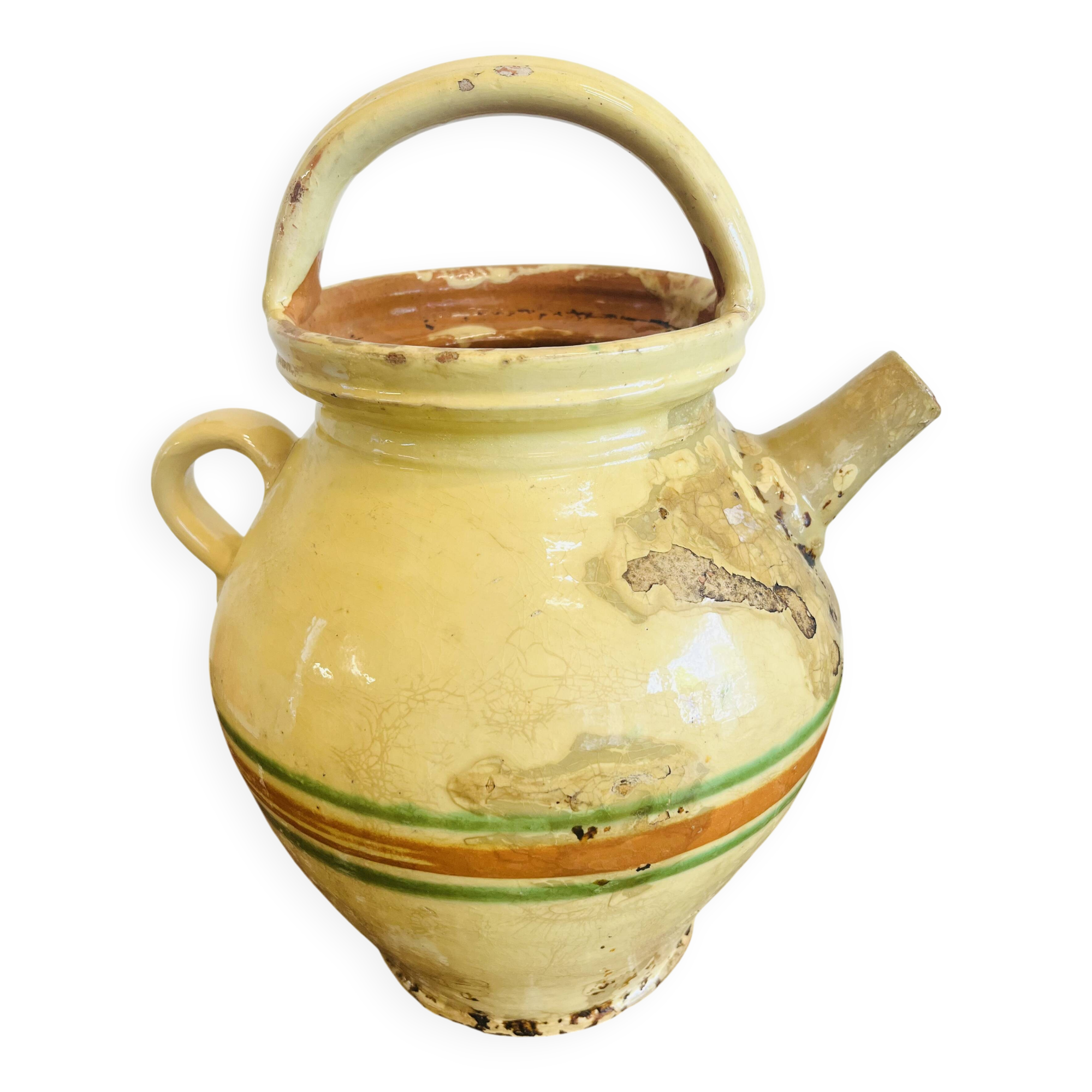 Ancienne poterie savoyarde , décorée d’un liserés orange et verts