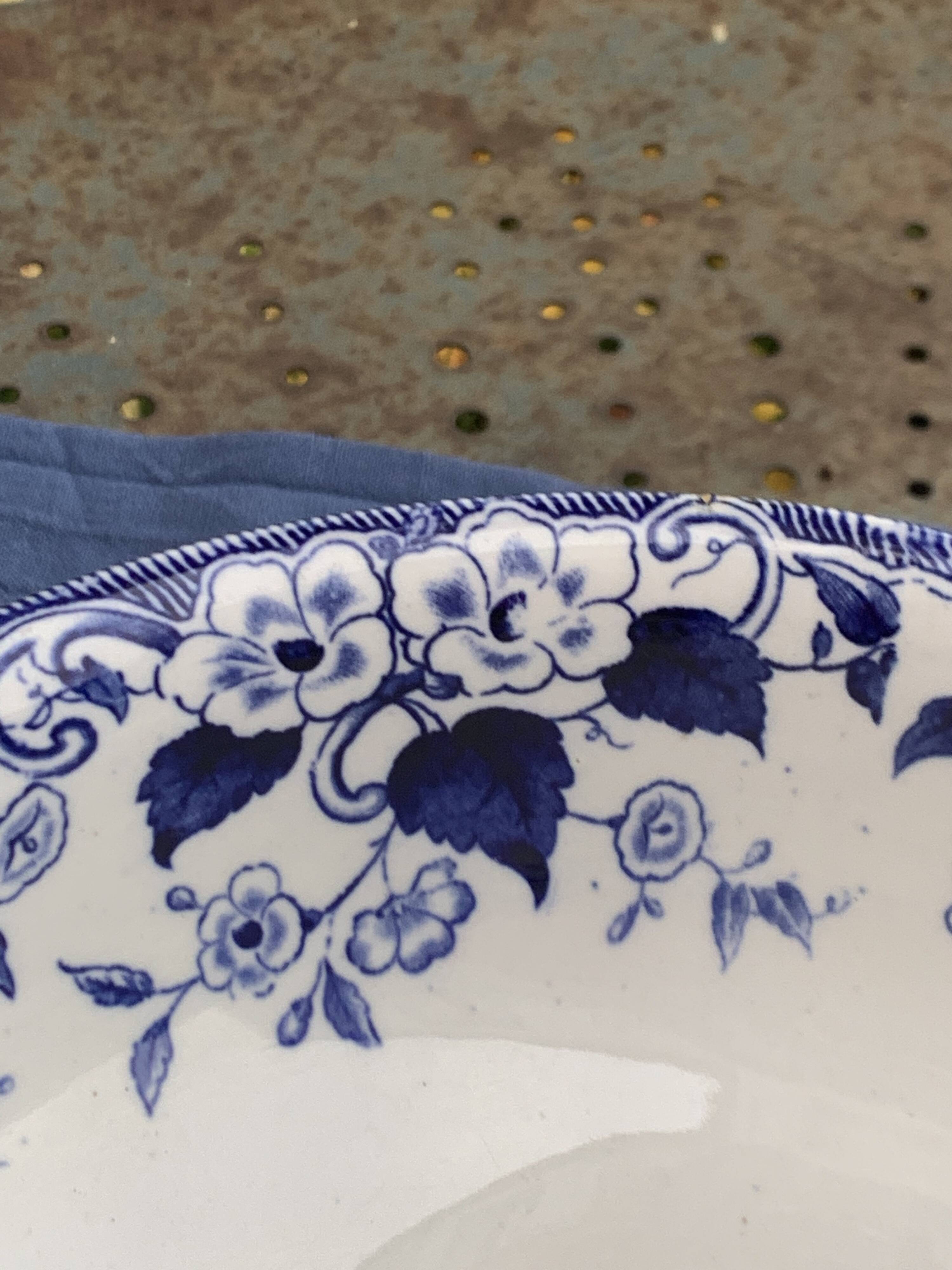 Antique salad bowl, Creil and Montereau, in earthenware, Flora model with blue bindweed, 19th century