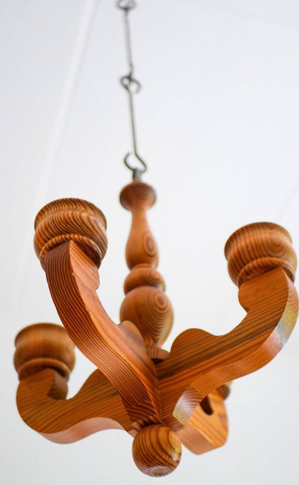 Rustic wooden pendant chandelier candleholder from Smålandsslöjd, Sweden, 1975