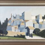 Peinture à l’huile de scène de rue de paysage urbain suédois vintage moderne du milieu du siècle « City Stroll », encadrée