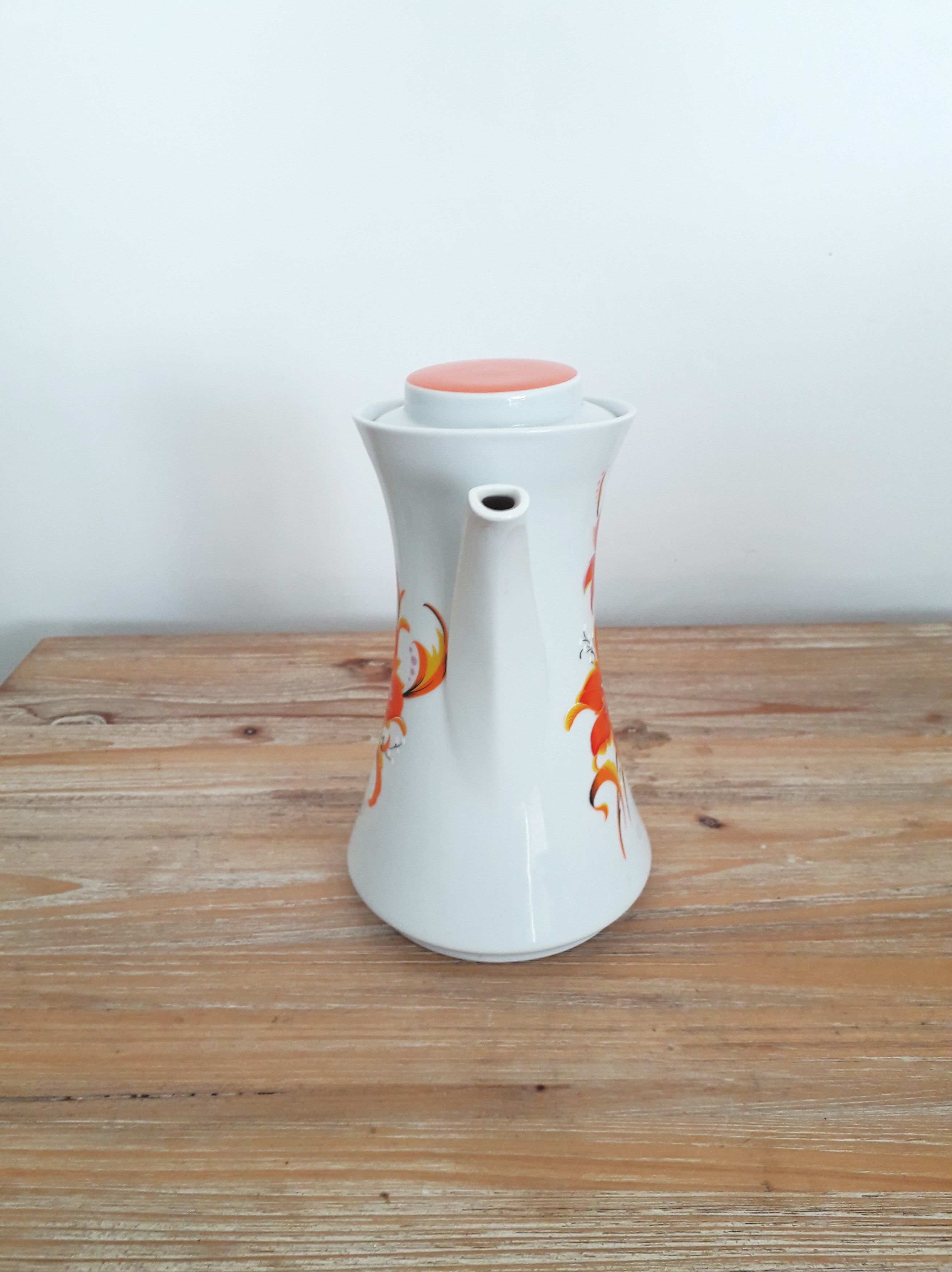 Vintage teapot / coffee maker - Bavarian porcelain - Orange flower décor - 1970