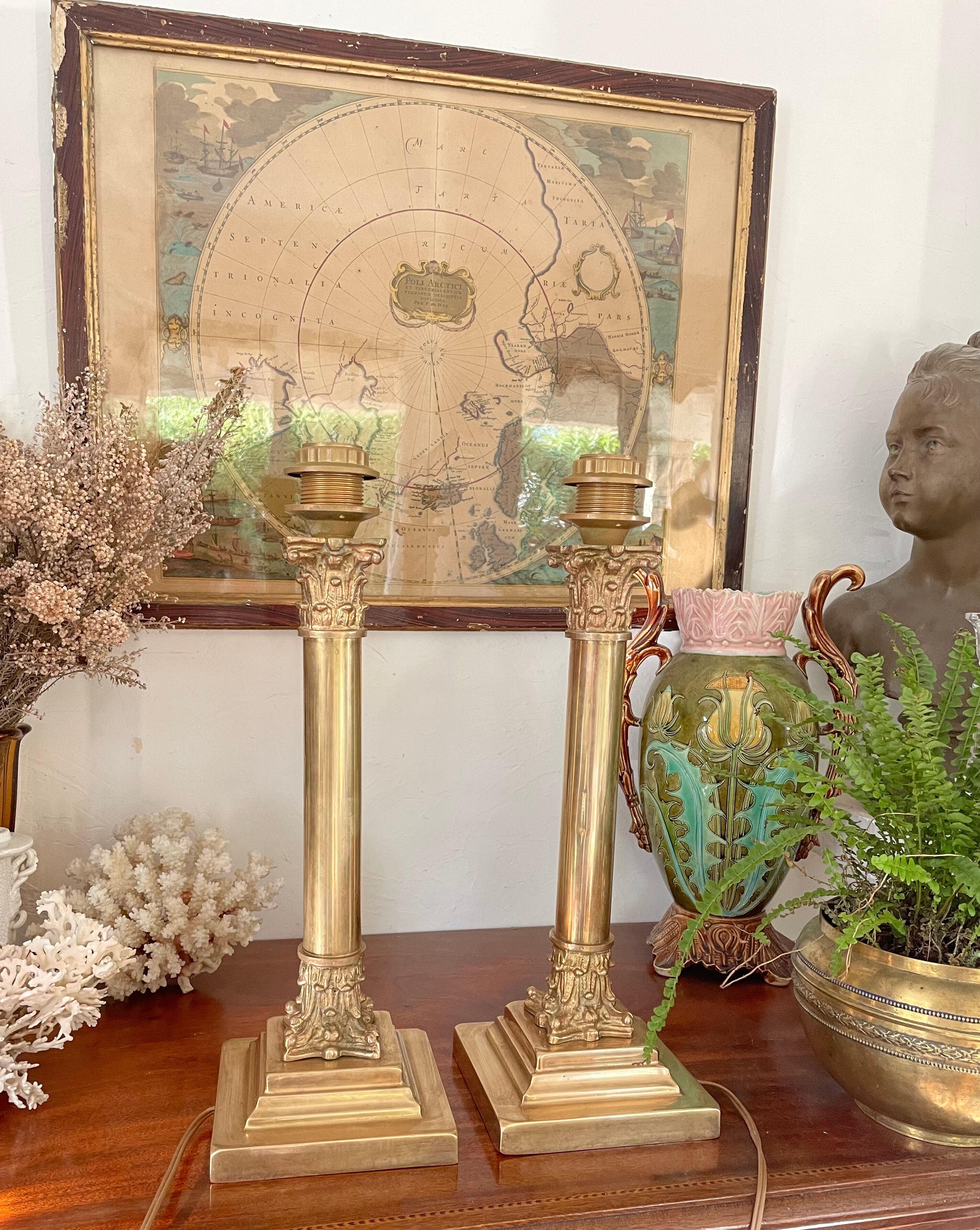 Pair of brass and bronze column lamp 44cm
