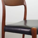 Niels Otto Moller Teak Wooden with Black Leather Dining Chairs, Model 77