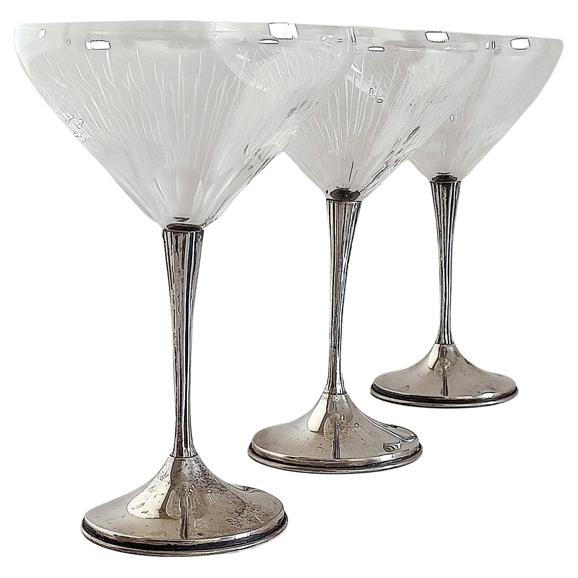 Art Deco Champagne Glasses Set of 3, Sterling Silver & Cut Glass