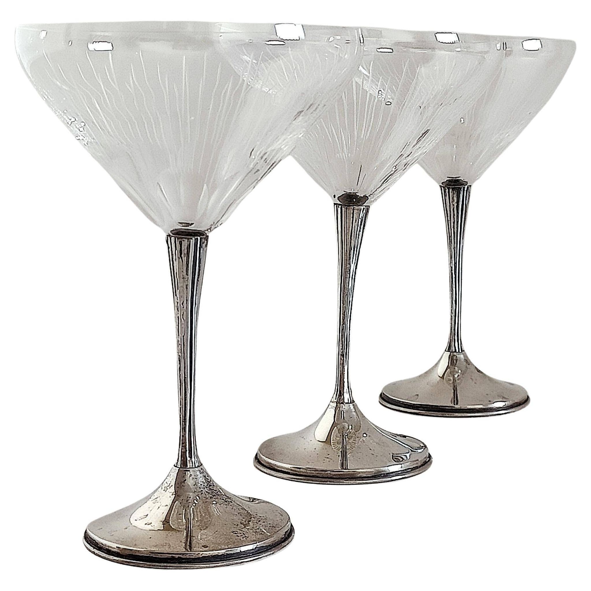 Art Deco Champagne Glasses Set of 3, Sterling Silver & Cut Glass