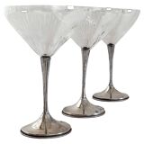 Art Deco Champagne Glasses Set of 3, Sterling Silver & Cut Glass