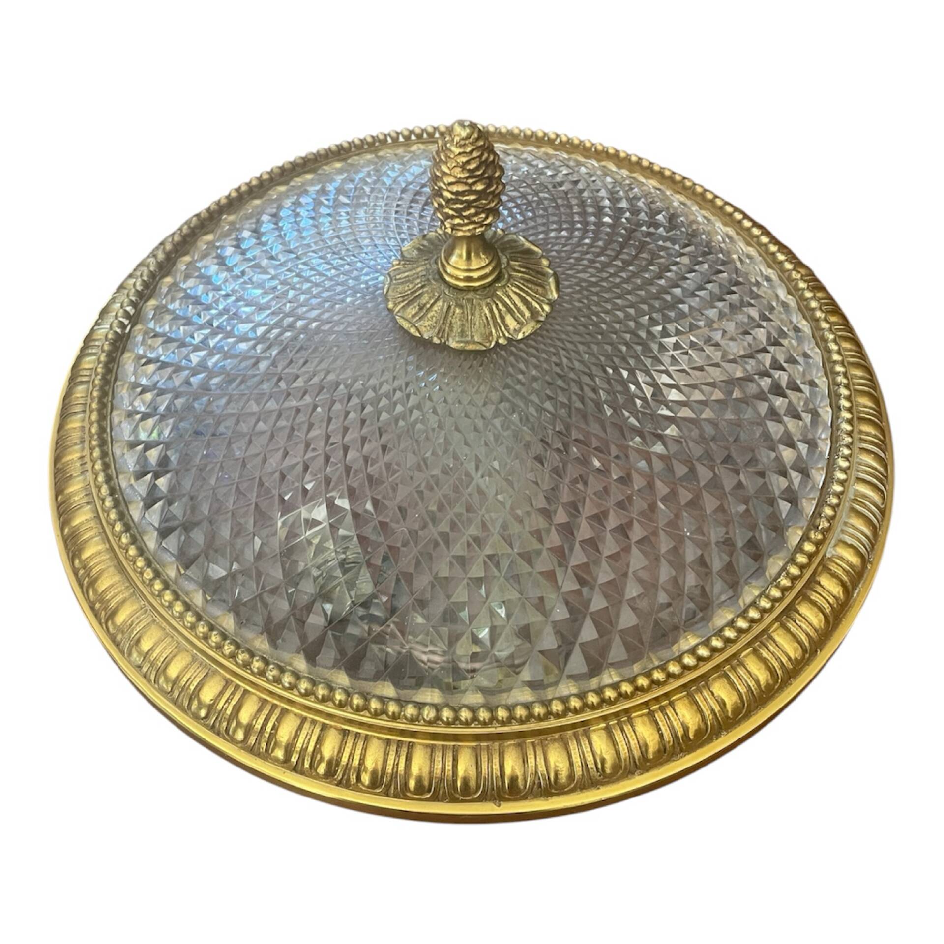 Antique ceiling light in bronze and cut crystal with diamond points.