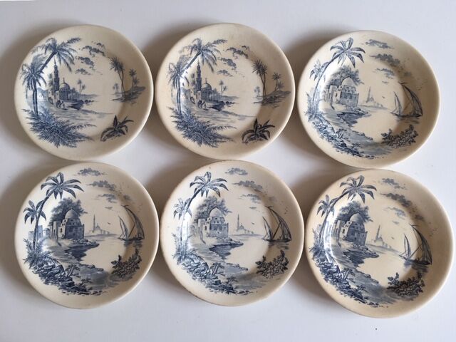 Set de 6 assiettes de faience de Gien vers 1880 décor Vue d'Orient