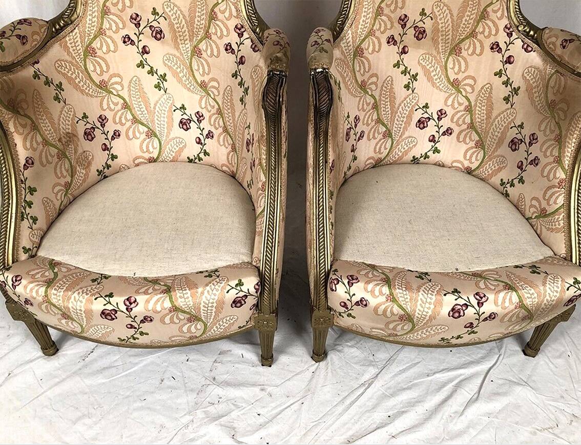 Pair of gilded wood chairs trimmed with silk with flower motifs, art deco inspired by Louis XVI