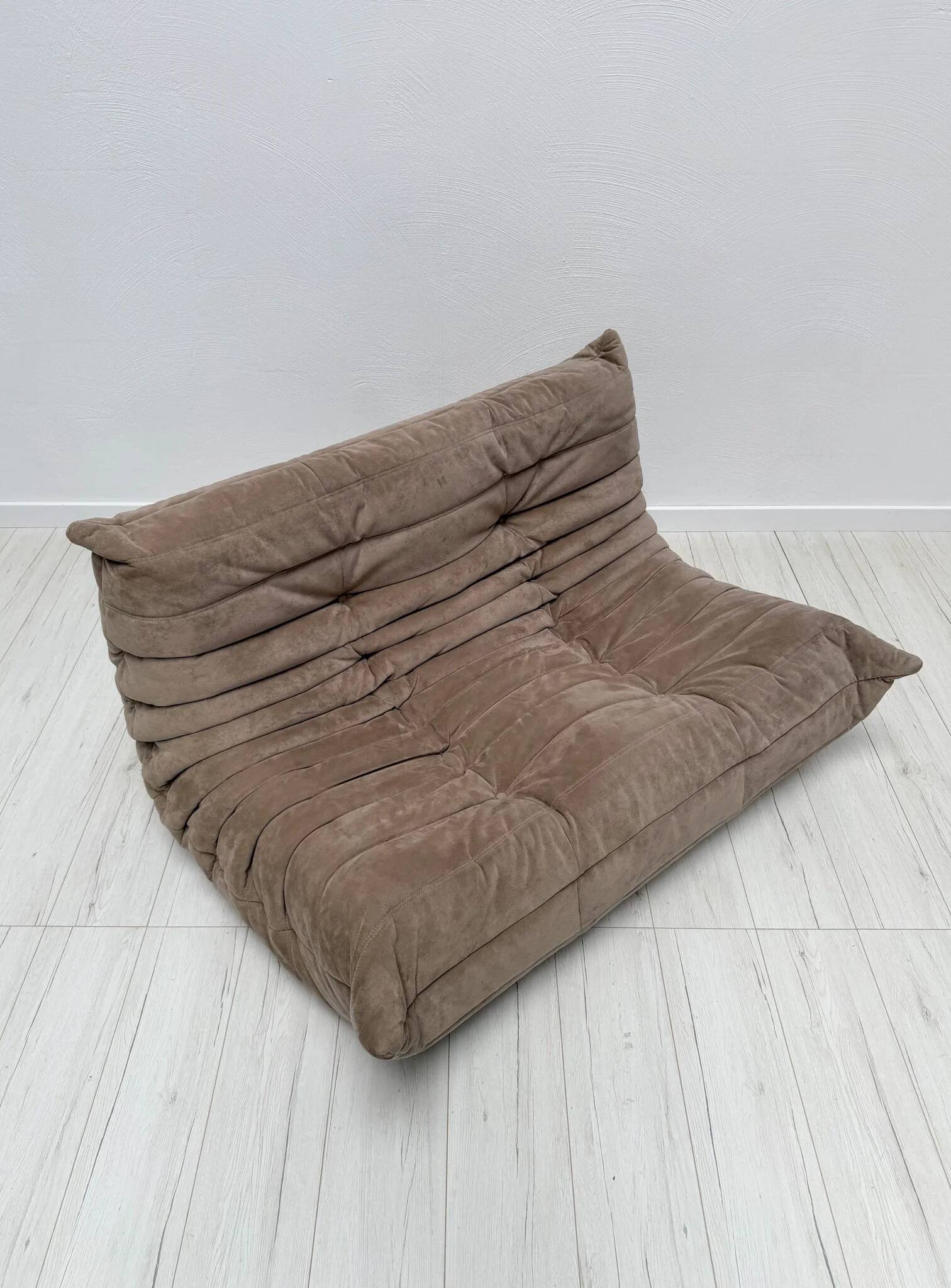 1990s vintage original taupe Alcantara Togo 2-seater by Michel Ducaroy for Ligne Roset