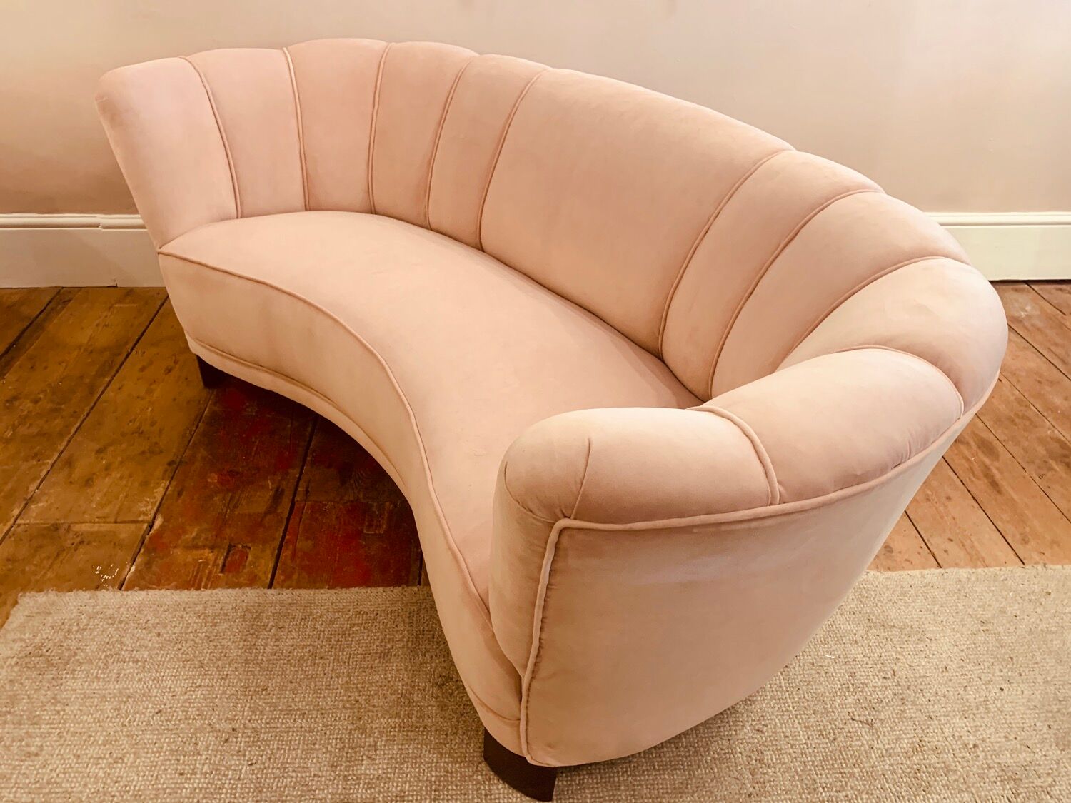 1940s Danish Banana Shaped Scalloped Sofa in Blush Pink