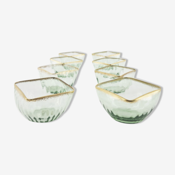 Suite of 8 Daum crystal cups, green combed with gold