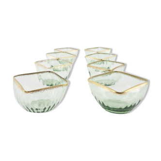 Suite of 8 Daum crystal cups, green combed with gold