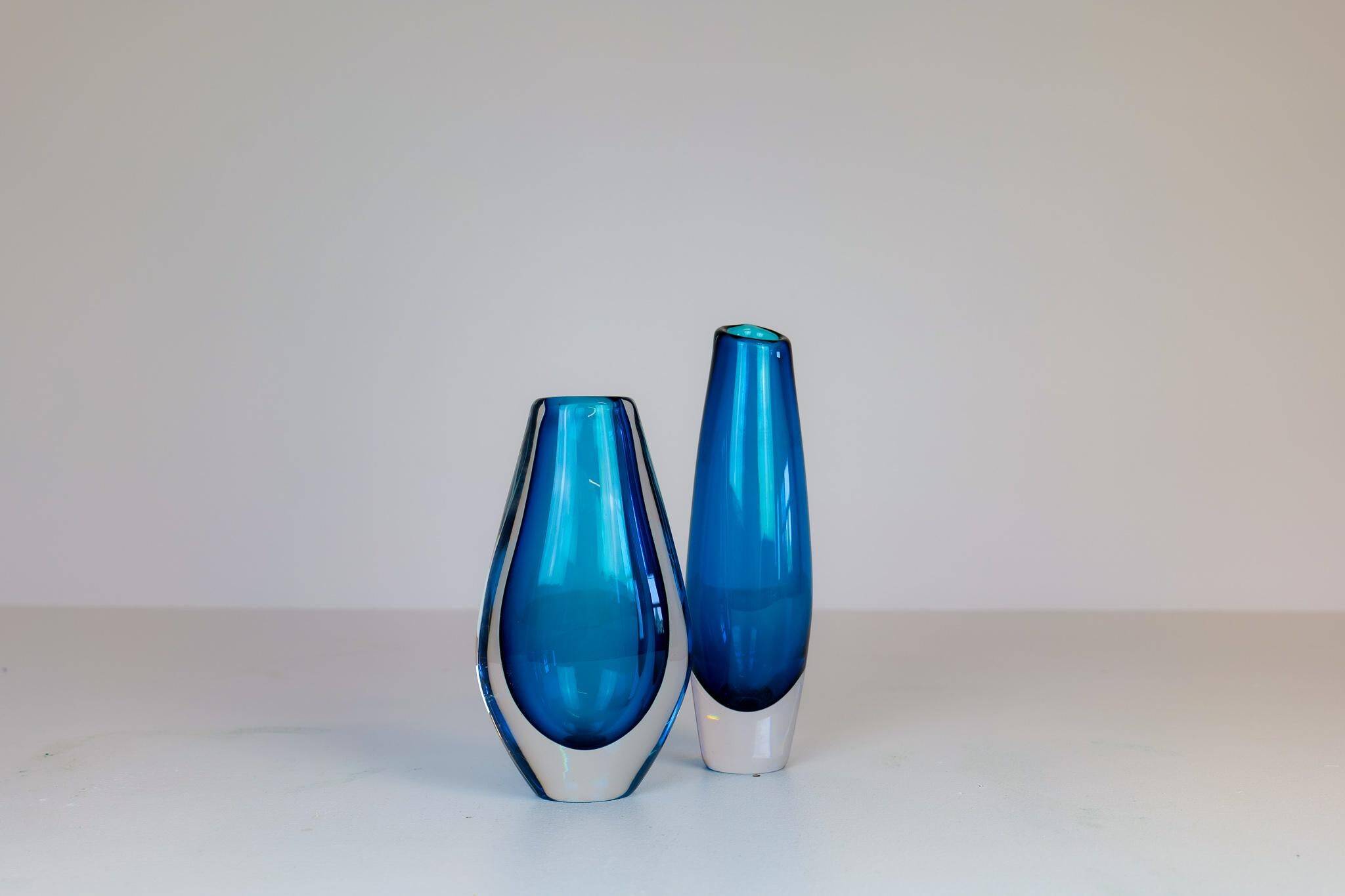 Pair of heavy crystal vases by Orrefors Mid-Century Modern by Sven Palmqvist, light blue.